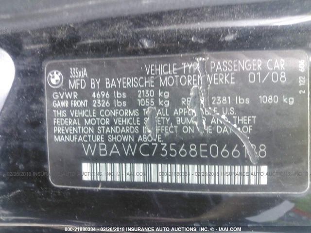 WBAWC73568E066128 - 2008 BMW 335 XI BLACK photo 9