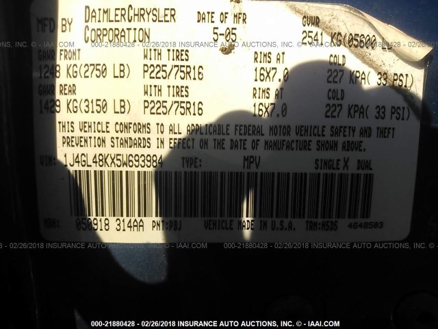 1J4GL48KX5W693984 - 2005 JEEP LIBERTY SPORT Mavi foto 9