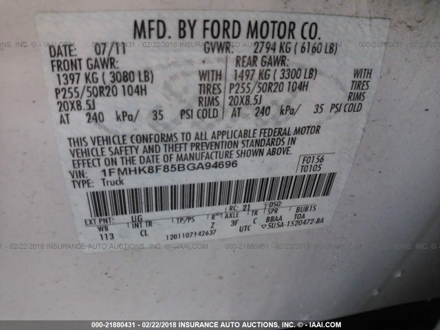 1FMHK8F85BGA94696 - 2011 FORD EXPLORER LIMITED 白色 照片 9