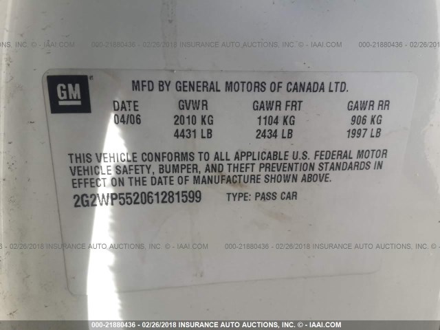 2G2WP552061281599 - 2006 PONTIAC GRAND PRIX WHITE photo 9