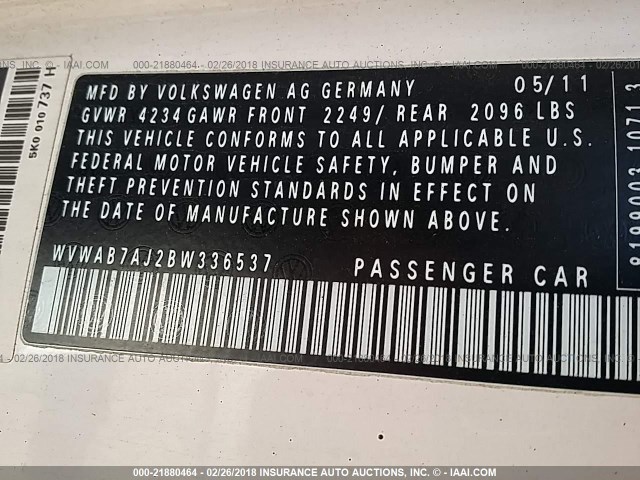 WVWAB7AJ2BW336537 - 2011 VOLKSWAGEN GOLF WHITE photo 9