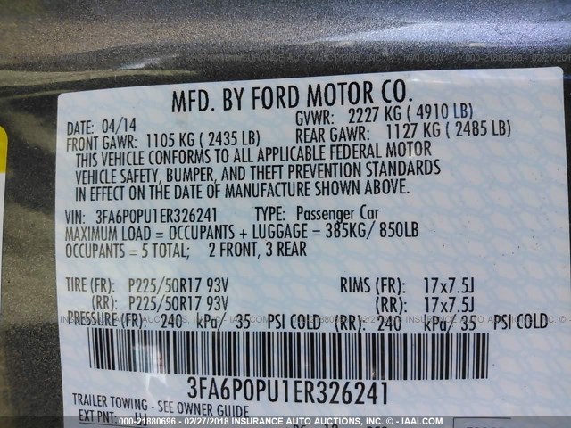 3FA6P0PU1ER326241 - 2014 FORD FUSION SE PHEV GRAY photo 9