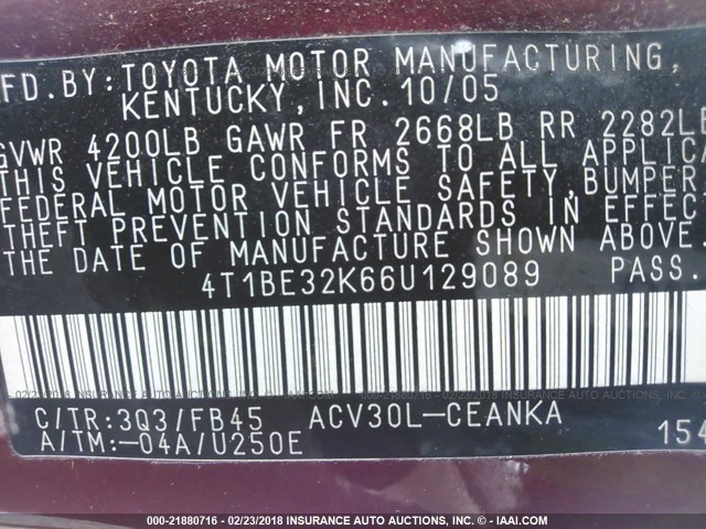 4T1BE32K66U129089 - 2006 TOYOTA CAMRY LE/XLE/SE Қызыл фото 9