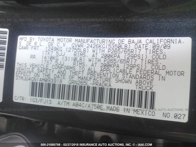 3TMJU4GN1AM093918 - 2010 TOYOTA TACOMA DOUBLE CAB PRERUNNER GRAY photo 9