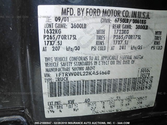 1FTRW08L22KA54668 - 2002 FORD F150 SUPERCREW GRAY photo 9