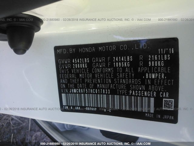 JHMCR6F57HC017833 - 2017 HONDA ACCORD HYBRID/EXL WHITE photo 9