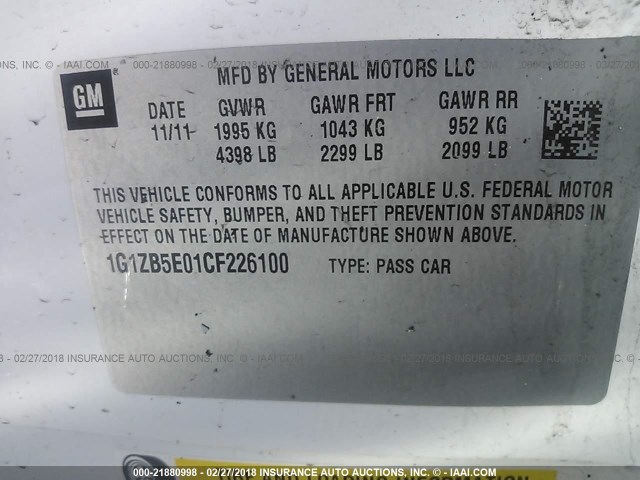 1G1ZB5E01CF226100 - 2012 CHEVROLET MALIBU LS 白色 照片 9