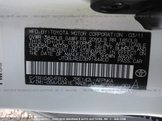 JTDBU4EE0B9144400 - 2011 TOYOTA COROLLA S/LE WHITE photo 9