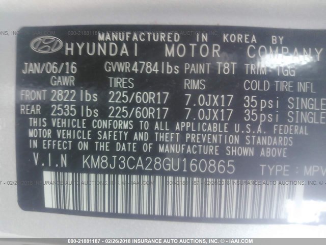 KM8J3CA28GU160865 - 2016 HYUNDAI TUCSON LIMITED/SPORT AND ECO/SE SILVER photo 9