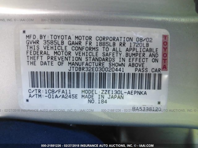 JTDBR32E030020441 - 2003 TOYOTA COROLLA CE/LE SILVER photo 9