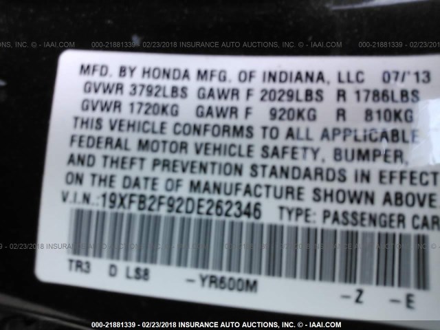 19XFB2F92DE262346 - 2013 HONDA CIVIC EXL BLACK photo 9
