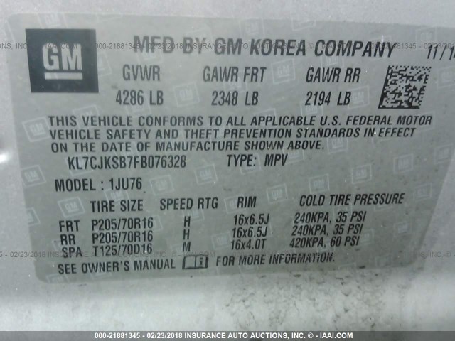 KL7CJKSB7FB076328 - 2015 CHEVROLET TRAX LS SILVER photo 9