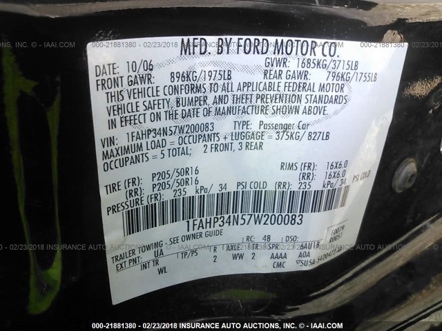 1FAHP34N57W200083 - 2007 FORD FOCUS ZX4/S/SE/SES 黑色 照片 9