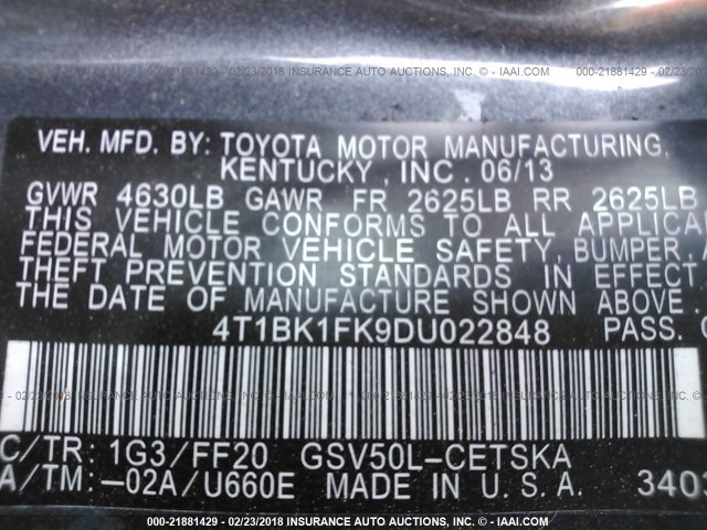 4T1BK1FK9DU022848 - 2013 TOYOTA CAMRY SE/XLE GRAY photo 9