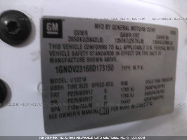 1GNDV23168D173150 - 2008 CHEVROLET UPLANDER LS WHITE photo 9