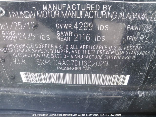 5NPEC4AC7DH632029 - 2013 HYUNDAI SONATA SE/LIMITED BLACK photo 9