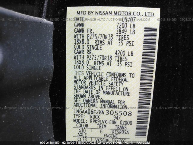 1N6AA06F28N305508 - 2008 NISSAN TITAN XE/SE/LE BLACK photo 9