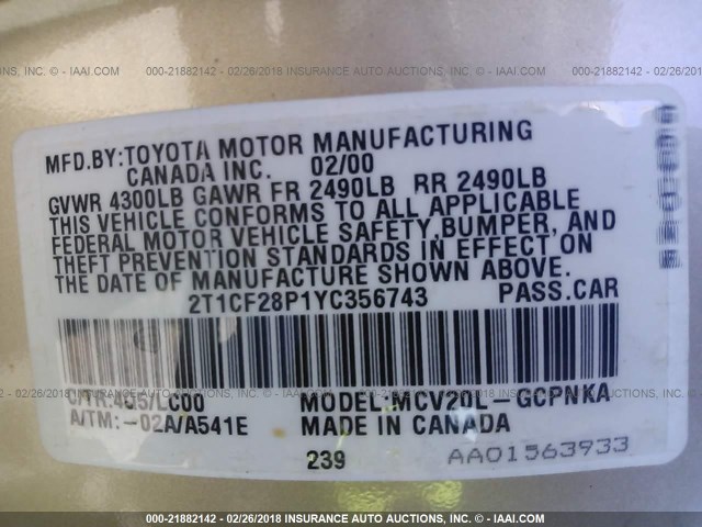 2T1CF28P1YC356743 - 2000 TOYOTA CAMRY SOLARA SE/SLE ოქროსფერი ფოტო 9