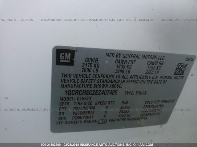 1GCRCREC2EZ407486 - 2014 CHEVROLET SILVERADO C1500 LT WHITE photo 9