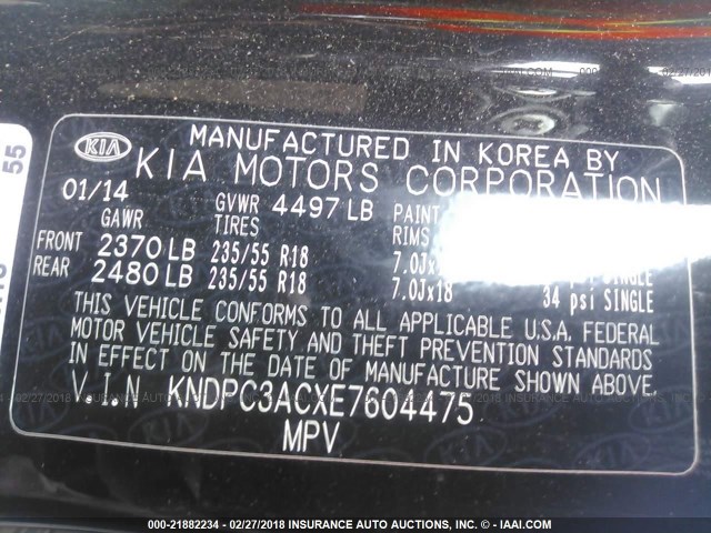KNDPC3ACXE7604475 - 2014 KIA SPORTAGE EX BLACK photo 9
