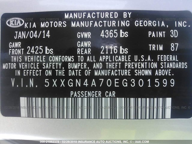 5XXGN4A70EG301599 - 2014 KIA OPTIMA EX SILVER photo 9