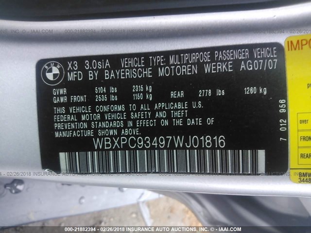 WBXPC93497WJ01816 - 2007 BMW X3 3.0SI SILVER photo 9