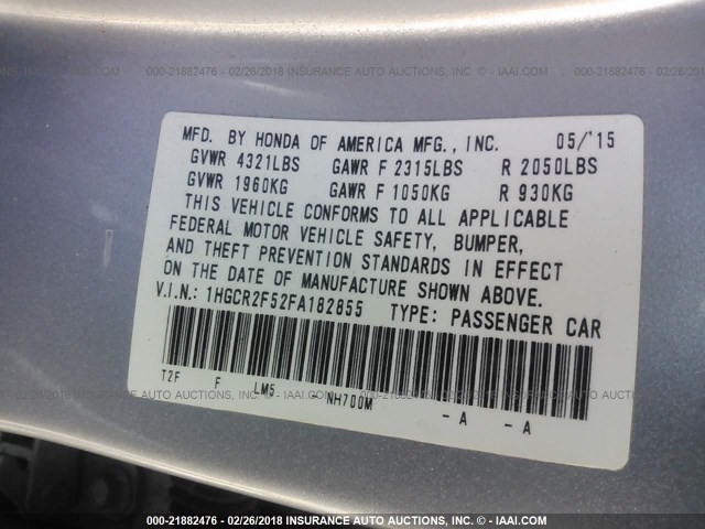 1HGCR2F52FA182855 - 2015 HONDA ACCORD SPORT Күміс фото 9