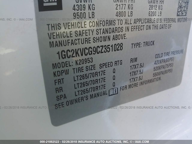 1GC2KVCG9CZ351028 - 2012 CHEVROLET SILVERADO K2500 HEAVY DUTY WHITE photo 9