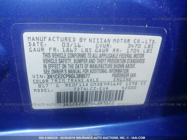 3N1CE2CP9GL389577 - 2016 NISSAN VERSA NOTE S/S PLUS/SV/SL/SR BLUE photo 9