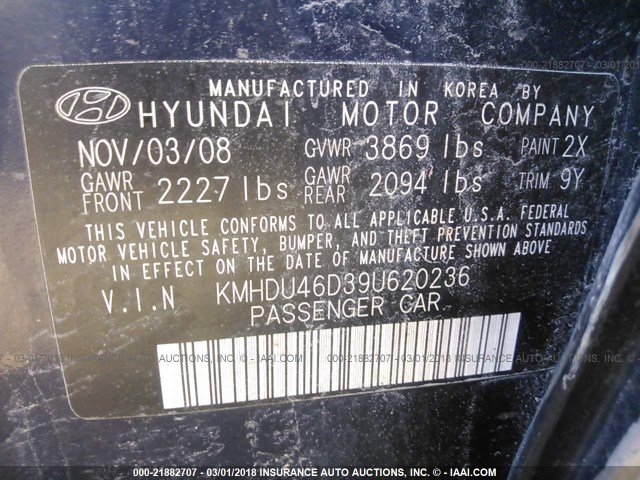 KMHDU46D39U620236 - 2009 HYUNDAI ELANTRA GLS/SE BLUE photo 9