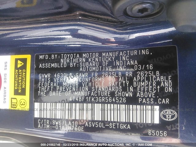 4T4BF1FK3GR564526 - 2016 TOYOTA CAMRY LE/XLE/SE/XSE BLUE photo 9