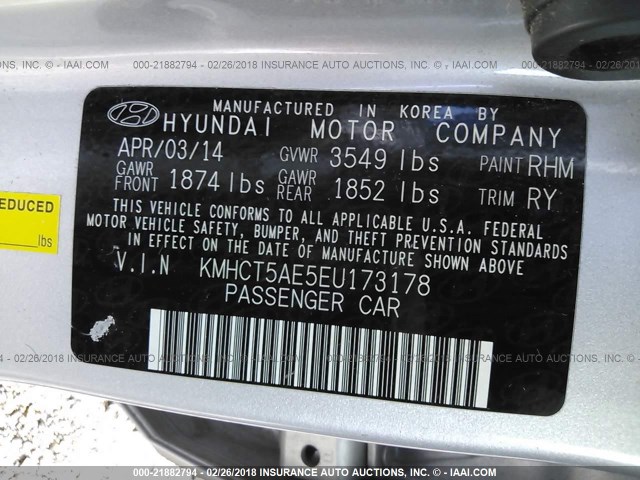 KMHCT5AE5EU173178 - 2014 HYUNDAI ACCENT GLS/GS SILVER photo 9