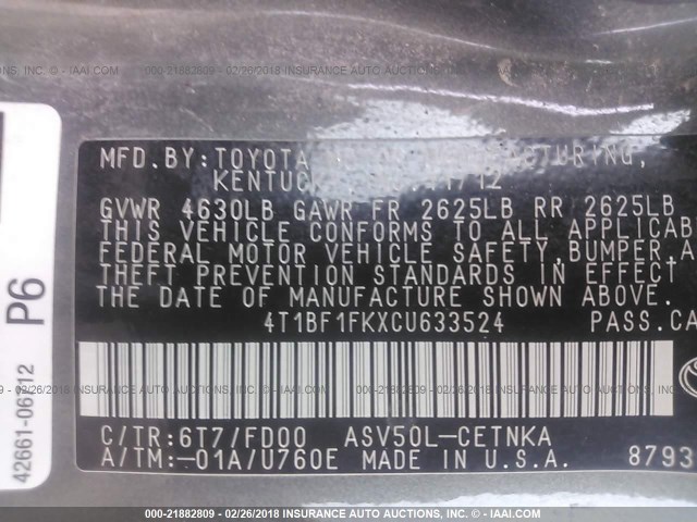 4T1BF1FKXCU633524 - 2012 TOYOTA CAMRY SE/LE/XLE GRAY photo 9