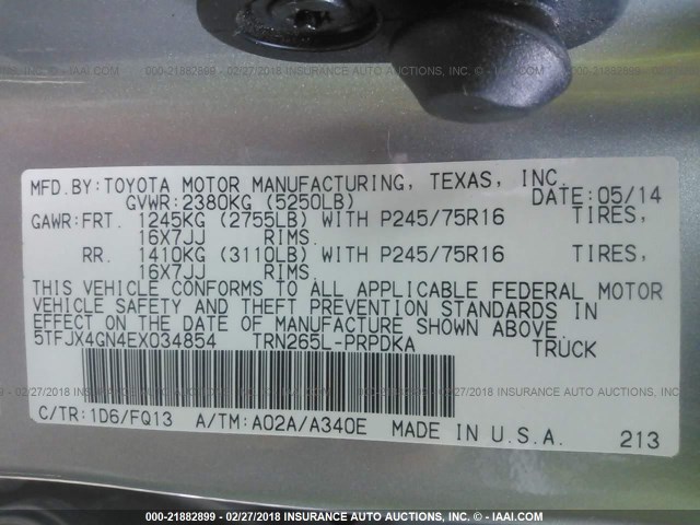 5TFJX4GN4EX034854 - 2014 TOYOTA TACOMA DOUBLE CAB 银色 照片 9