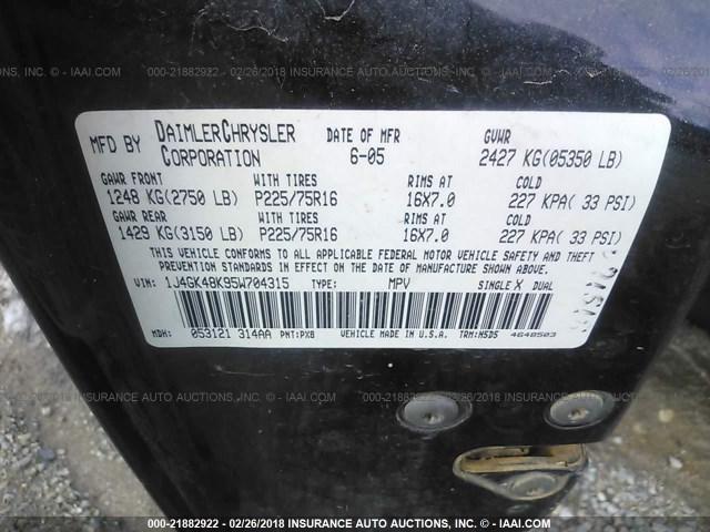 1J4GK48K95W704315 - 2005 JEEP LIBERTY SPORT 黑色 照片 9