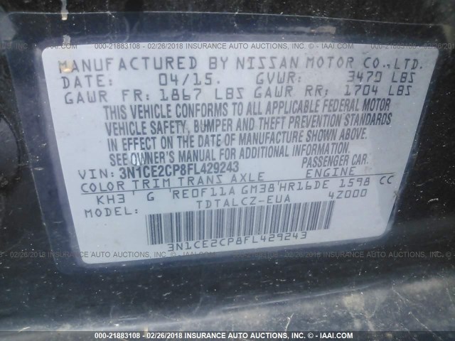 3N1CE2CP8FL429243 - 2015 NISSAN VERSA NOTE S/S PLUS/SV/SL/SR BLACK photo 9