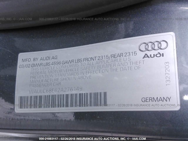 WAULC68E62A276149 - 2002 AUDI A4 1.8T QUATTRO GRAY photo 9