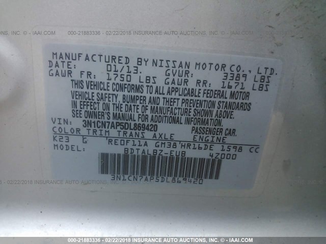 3N1CN7AP5DL869420 - 2013 NISSAN VERSA S/S PLUS/SV/SL SILVER photo 9