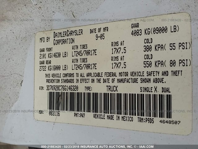 3D7KR28C76G146320 - 2006 DODGE RAM 2500 ST/SLT 白色 照片 9