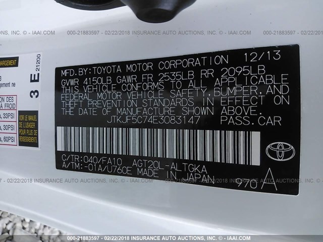 JTKJF5C74E3083147 - 2014 TOYOTA SCION TC 白色 照片 9