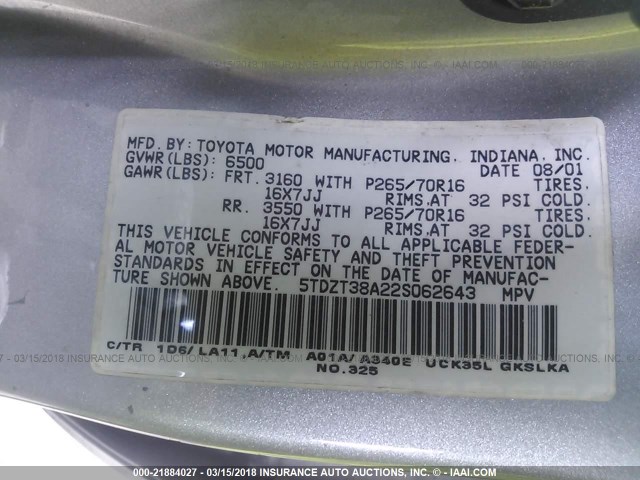 5TDZT38A22S062643 - 2002 TOYOTA SEQUOIA LIMITED SILVER photo 9