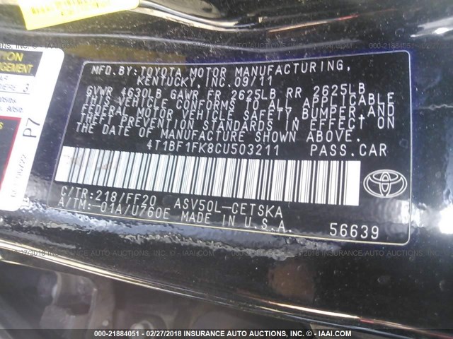 4T1BF1FK8CU503211 - 2012 TOYOTA CAMRY SE/LE/XLE BLACK photo 9