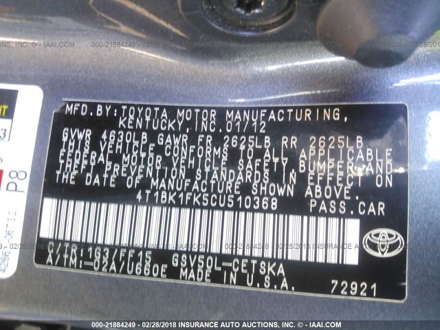 4T1BK1FK5CU510368 - 2012 TOYOTA CAMRY SE/XLE GRAY photo 9