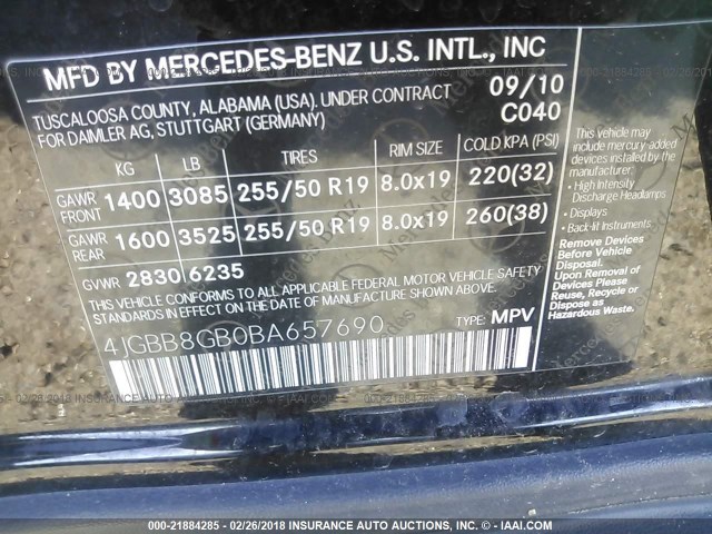 4JGBB8GB0BA657690 - 2011 MERCEDES-BENZ ML 350 4MATIC BLACK photo 9