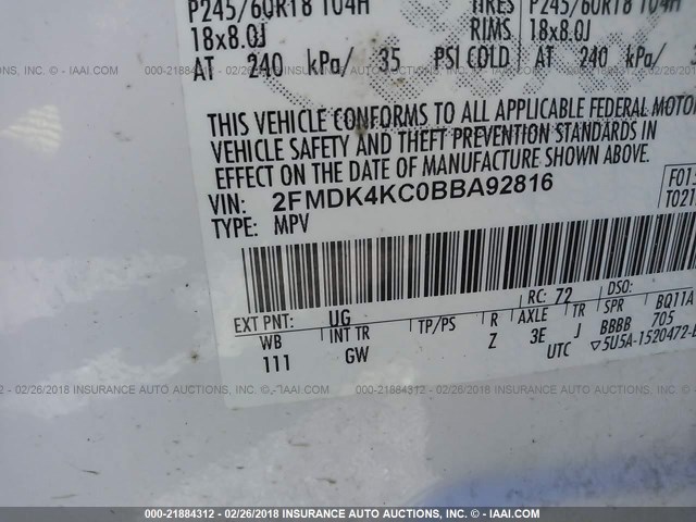 2FMDK4KC0BBA92816 - 2011 FORD EDGE LIMITED WHITE photo 9