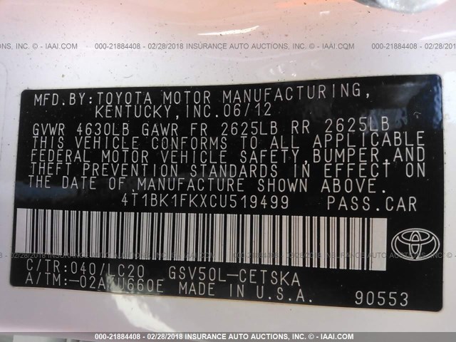 4T1BK1FKXCU519499 - 2012 TOYOTA CAMRY SE/XLE WHITE photo 9