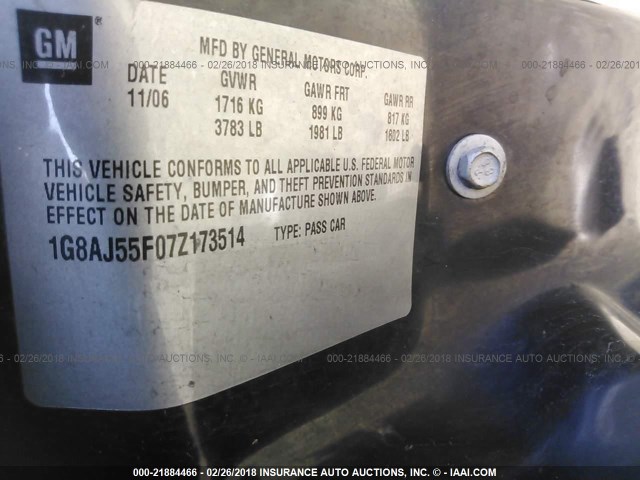 1G8AJ55F07Z173514 - 2007 SATURN ION LEVEL 2 BLACK photo 9