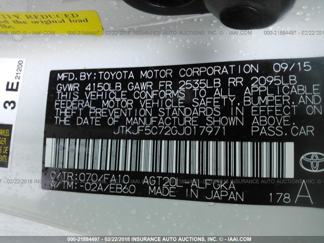 JTKJF5C72GJ017971 - 2016 TOYOTA SCION TC 白色 照片 9