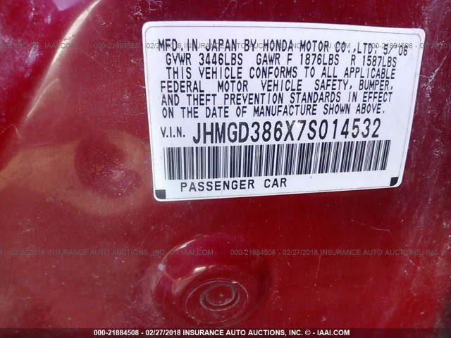 JHMGD386X7S014532 - 2007 HONDA FIT S წითელი ფოტო 9