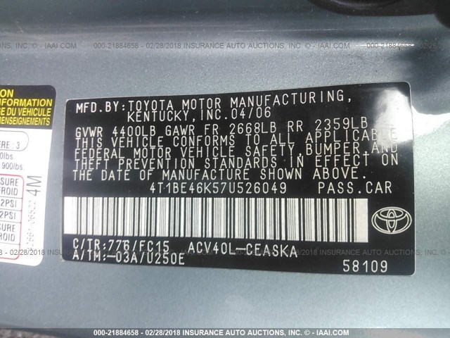 4T1BE46K57U526049 - 2007 TOYOTA CAMRY NEW GENERAT CE/LE/XLE/SE TURQUOISE photo 9